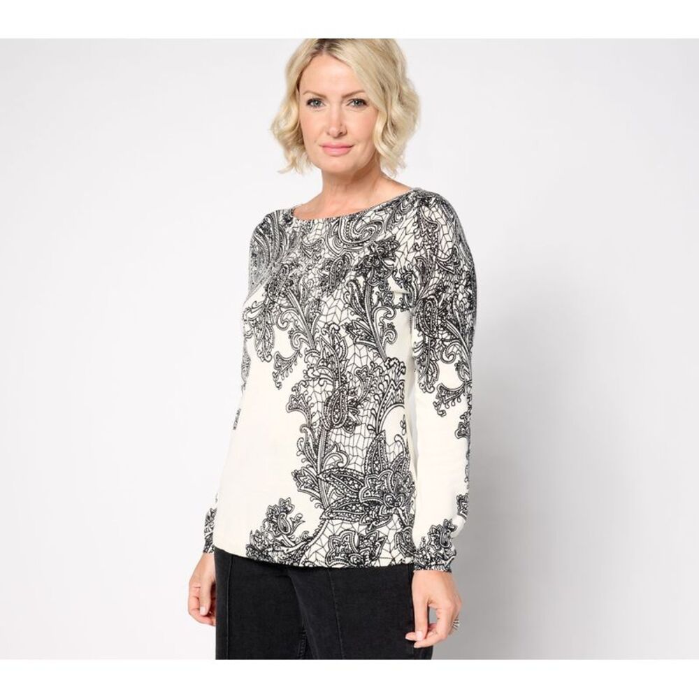Wacoal Women's Top Plus Sz Sweater 5X Printed Fine Gauge Bateau White A690367